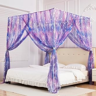 Mengersi Tie Dye Canopy Bed Curtains with Lights,Gradient Ombre Bed Canopy for Girls,Canopy for Bed Princess Bed Drapes for Girls Room Decor(Twin,Purple)