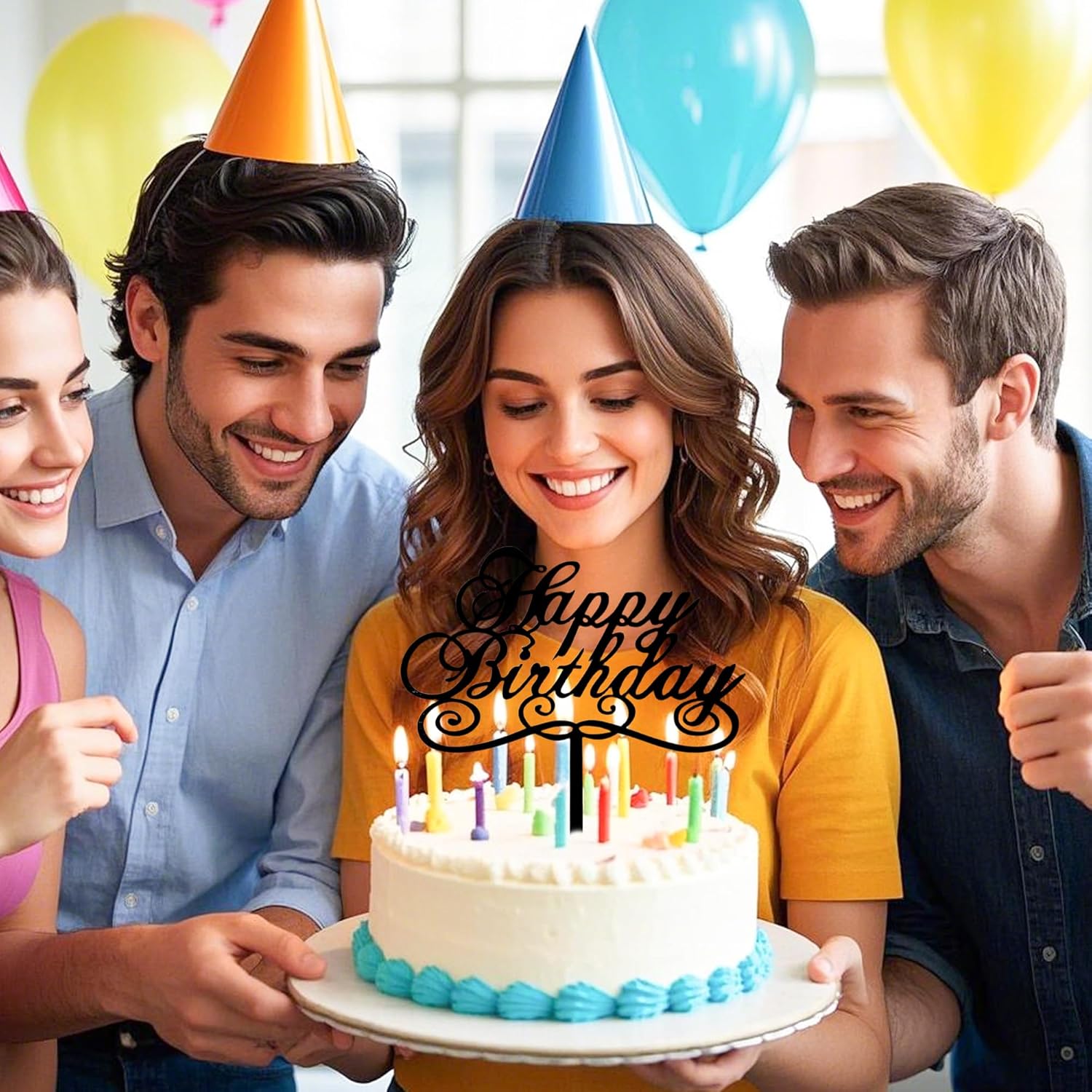 Black Happy Birthday Cake Topper - Mirrored Acrylic Versatile Cake Topper for Men's & Women's Birthday Party Decorations