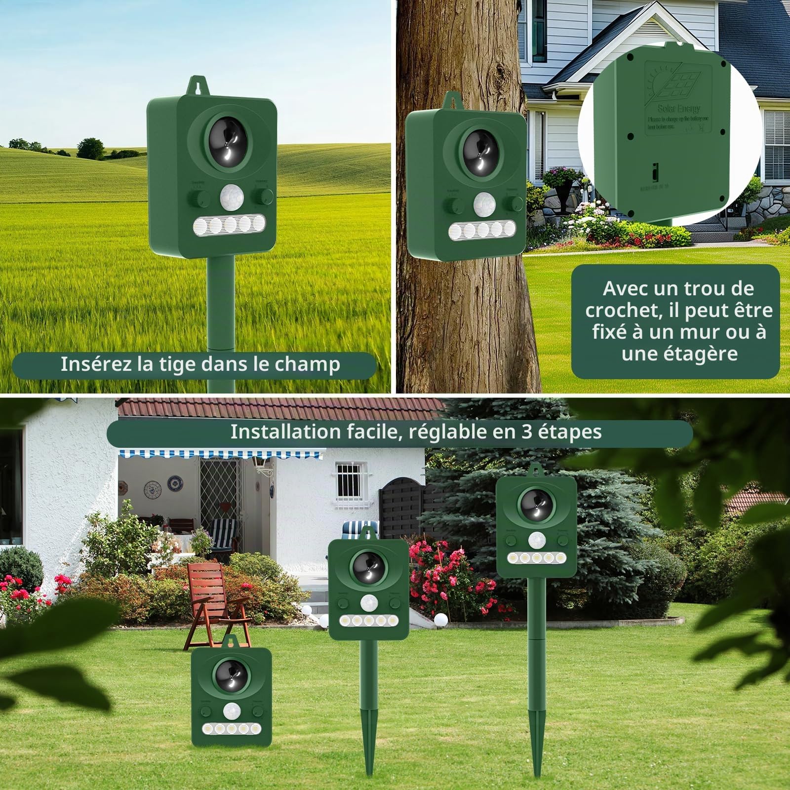 Répulsif Chat Ultrason, Extérieur Puissant et Étanche avec Capteur de Mouvement 15m, Recharge Solaire/USB, Repulsif Chien et Animaux,Anti Pigeons pour Balcon
