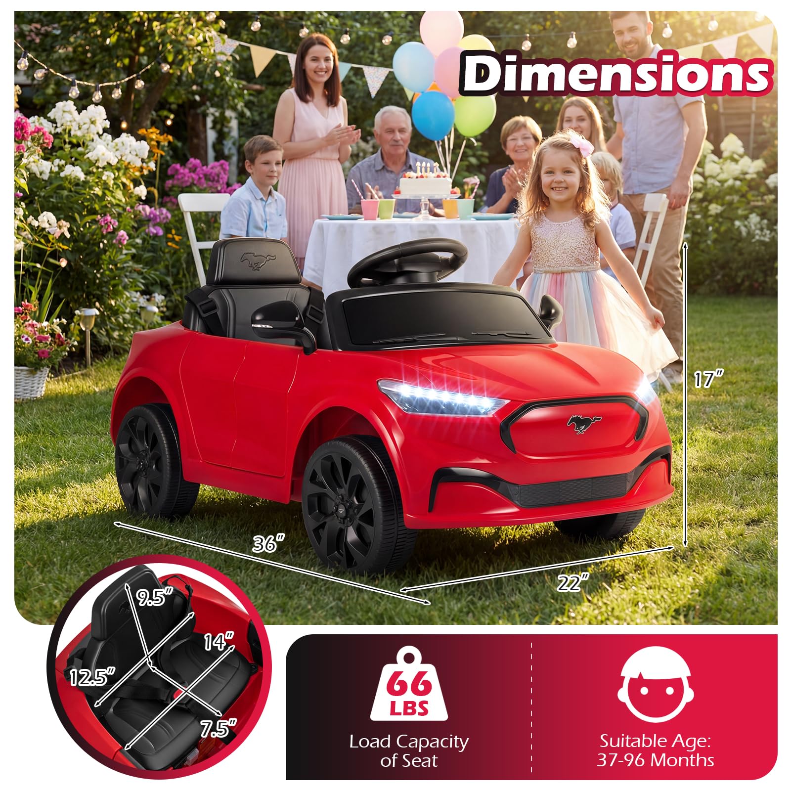 Costzon Ford Mach E - Veicolo elettrico per bambini con controllo genitori, luci LED, clacson, musica, connessione wireless e sospensioni a molla, giocattolo per bambini per ragazze e ragazzi (rosso)
