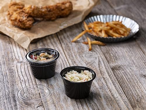 Miniatura 3 de (4 onzas  100 juegos) Vasos de plástico sumergibles negros con tapas, pequeños recipientes para control de porciones, chupitos de gelatina,