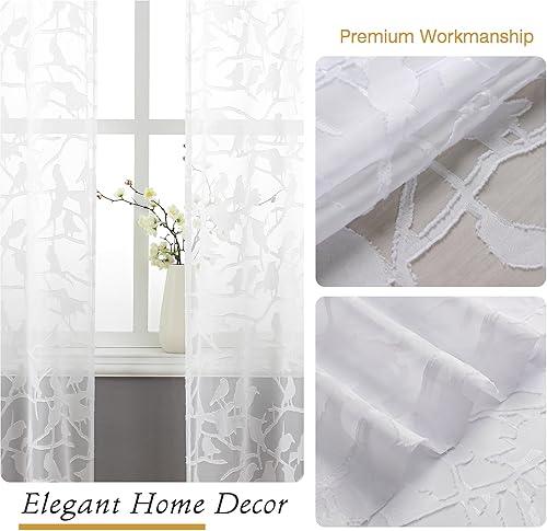 Vista 33 de OVZME - Anji Cortinas semitraslúcidas de gasa, ligeras, vaporosas, privacidad, textura, bolsillo barra doble, pájaros recortados, dormitorio, sala