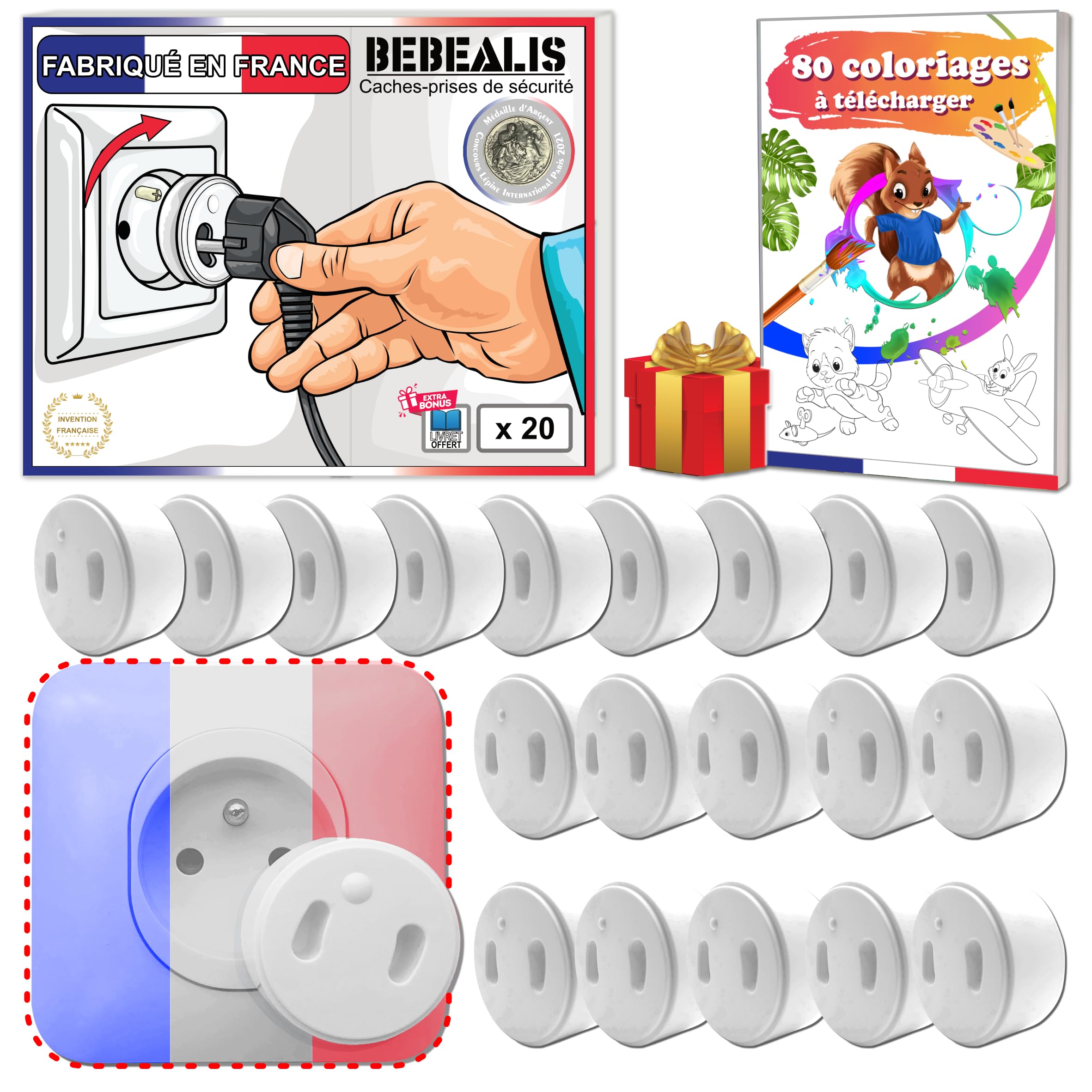 [Pack x20] Cache Prise Bébé Français [ Sans Clef Ni Adhésif ] - Invention 100% FABRIQUÉ EN FRANCE - Cache-Prise Bebe - Sécurité Domestique Protection Prise Courant Électrique - Puériculture