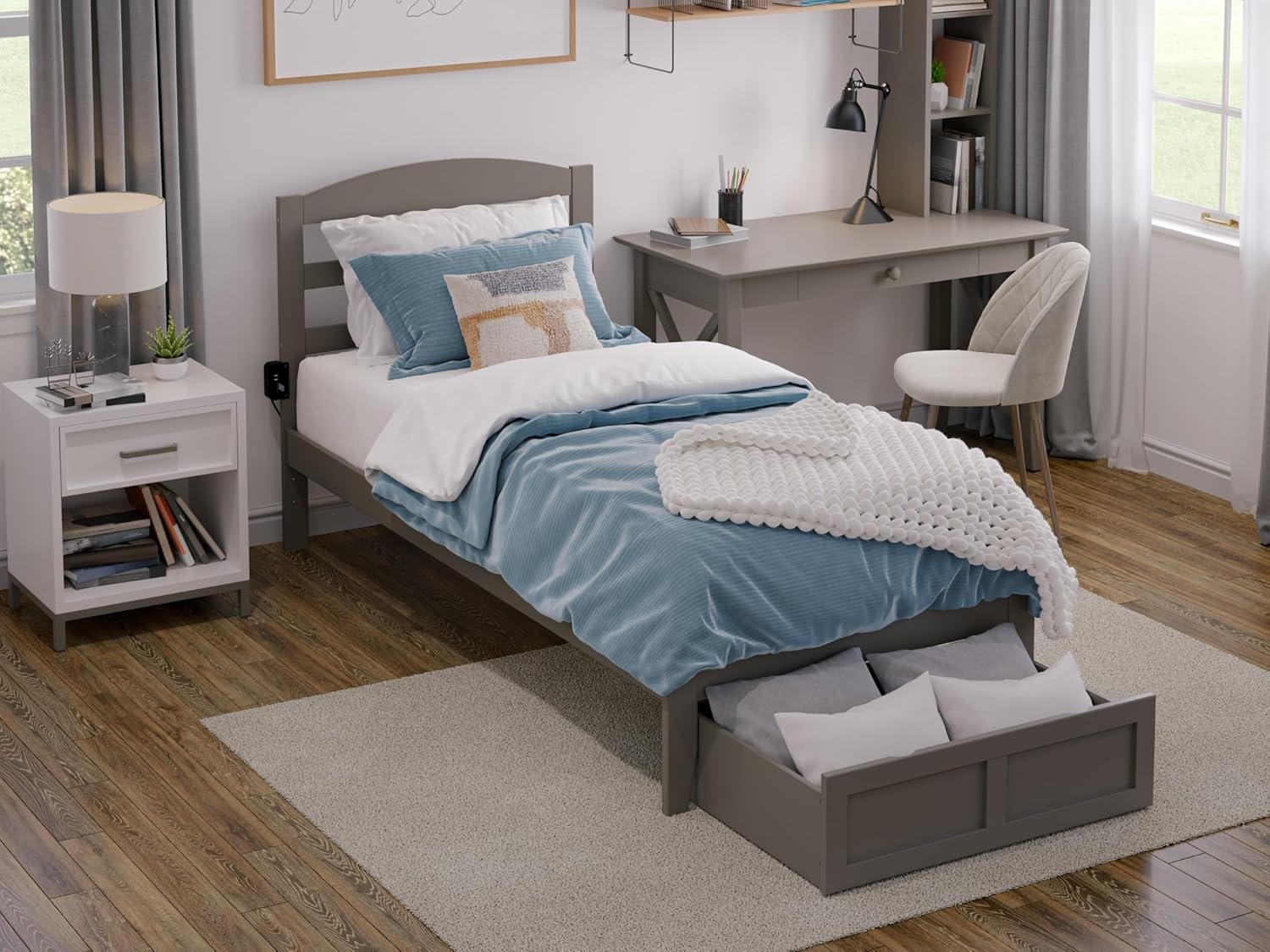 AFI, Warren Twin XL Platform Bed with Foot Drawer, Grey