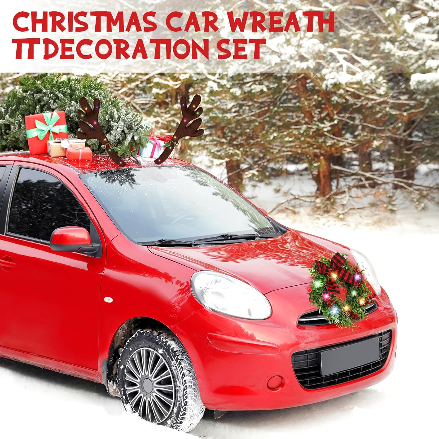 Yunlly 13 Inch Christmas Car Wreath Reindeer Antlers Kit with LED Lights, Glowing LED Car Reindeer Antlers with Bells and Nose Xmas Wreath Bow Decor(Pine and Cypress)