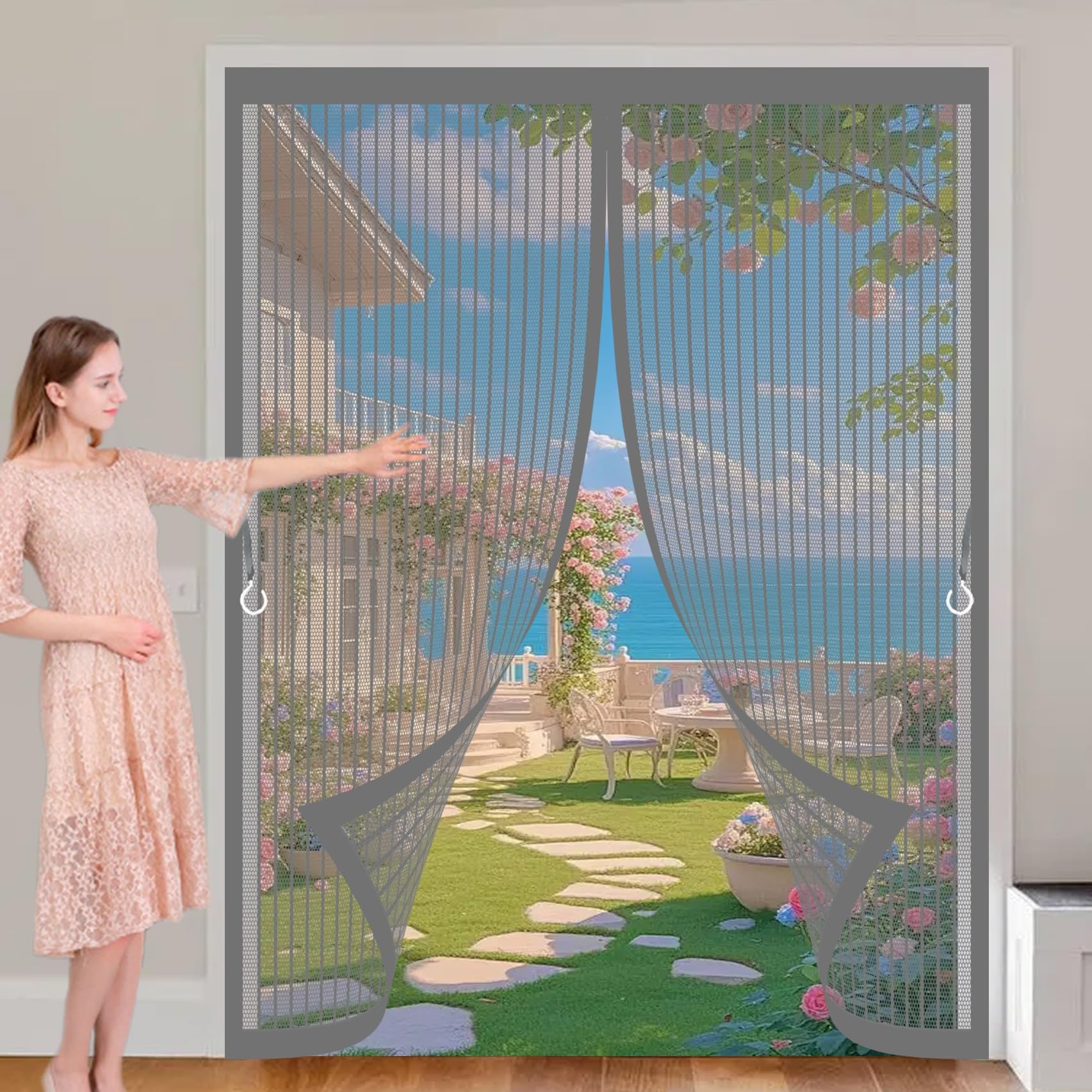 Xueqxue Grey Door Fly Screen Curtain 145 X 160 Cm With Powerful Magnets & Full Frame Magic Tape No Gap, Lets Fresh Air In, Keep Bugs Out Door Magnetic Fly Screen For Patio Doors Bedroom,