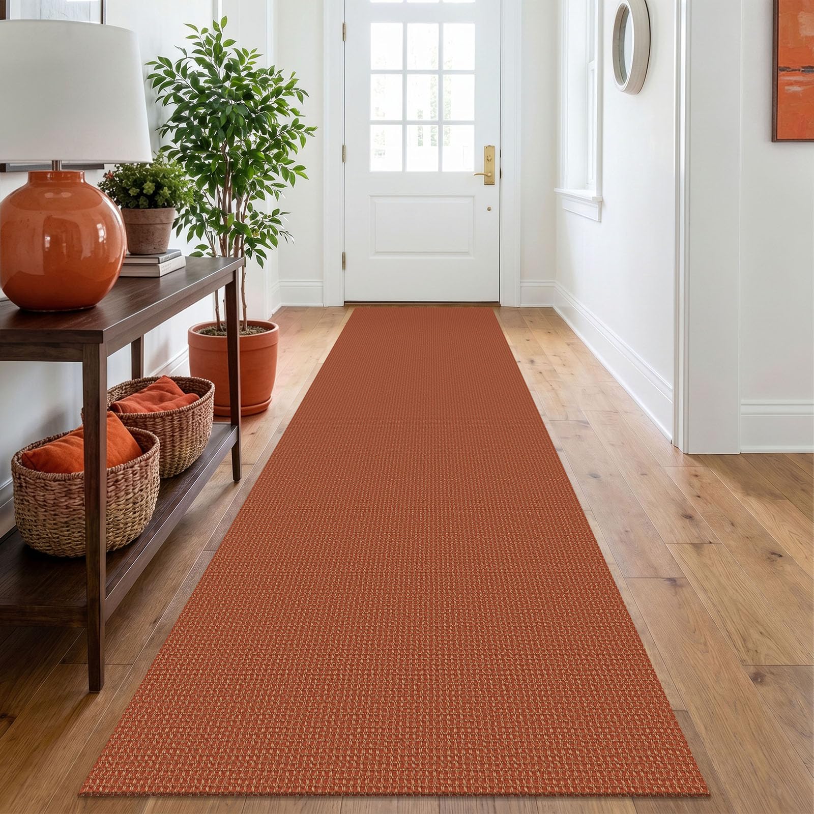 IOHOUZE Washable Runner Rug 2.6x10 Non Slip Rubber Backed Long Hallway Runner Entryway Runner Indoor, Kitchen Rugs Woven Cotton Floor Carpet for Hall Entrance, Burnt Orange/Tan