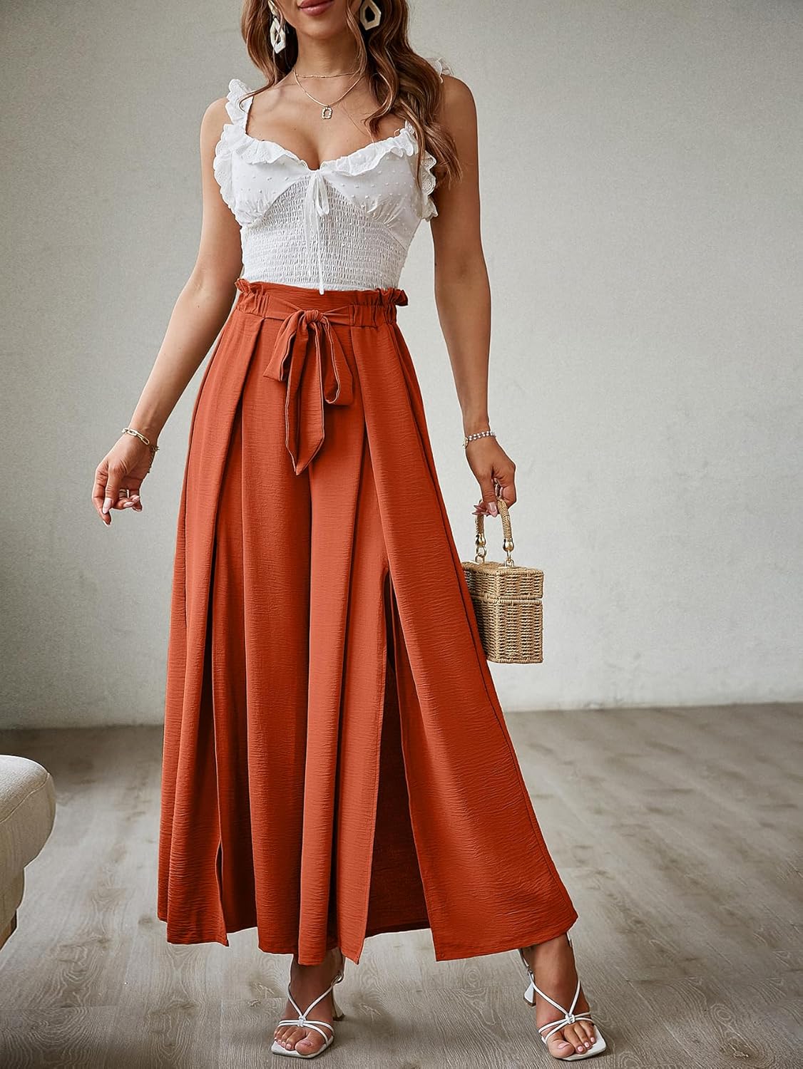 Simplee Women's Casual Split Wide Leg Pants High Waist Palazzo Flowy Beach Pants Summer Boho Lounge Pants with Pockets - Image 5