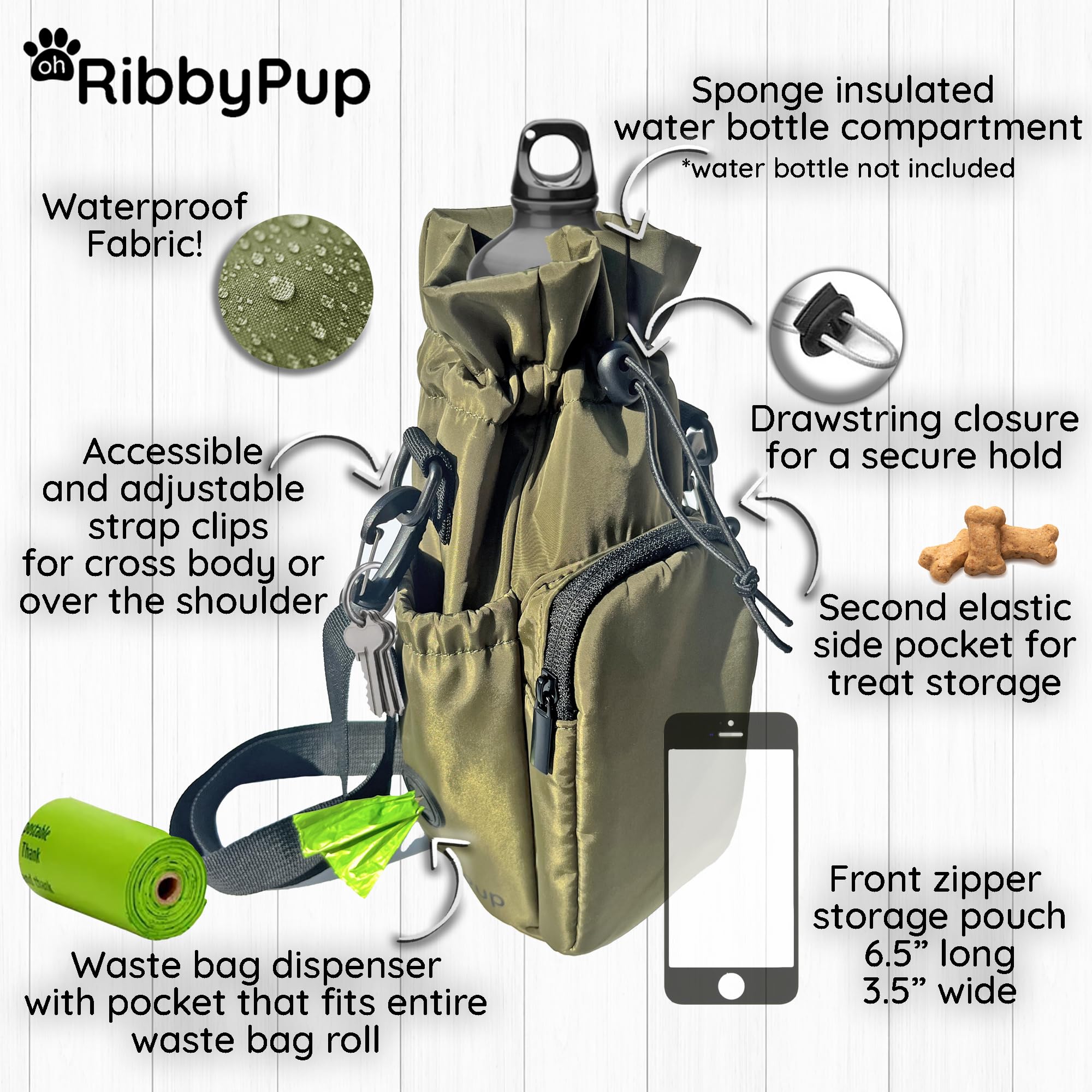 Bolsa Impermeable para pasear Perros y Soporte Universal para Botella de Agua, dispensador de Bolsas de excremento Integrado, Bolsa Cruzada Unisex para Caminar, Senderismo, Entrenamiento