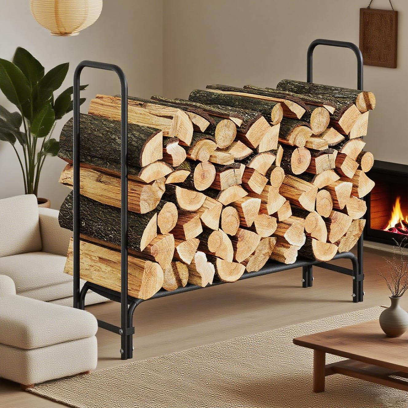 Garvee Firewood Rack Outdoor, Fireplace Log Holder with Fabric Mesh, Outdoor Indoor Metal Wood Pile Storage Organizer, Wood Storage for Porch Patio, Patio Logs Stand Tool, Black