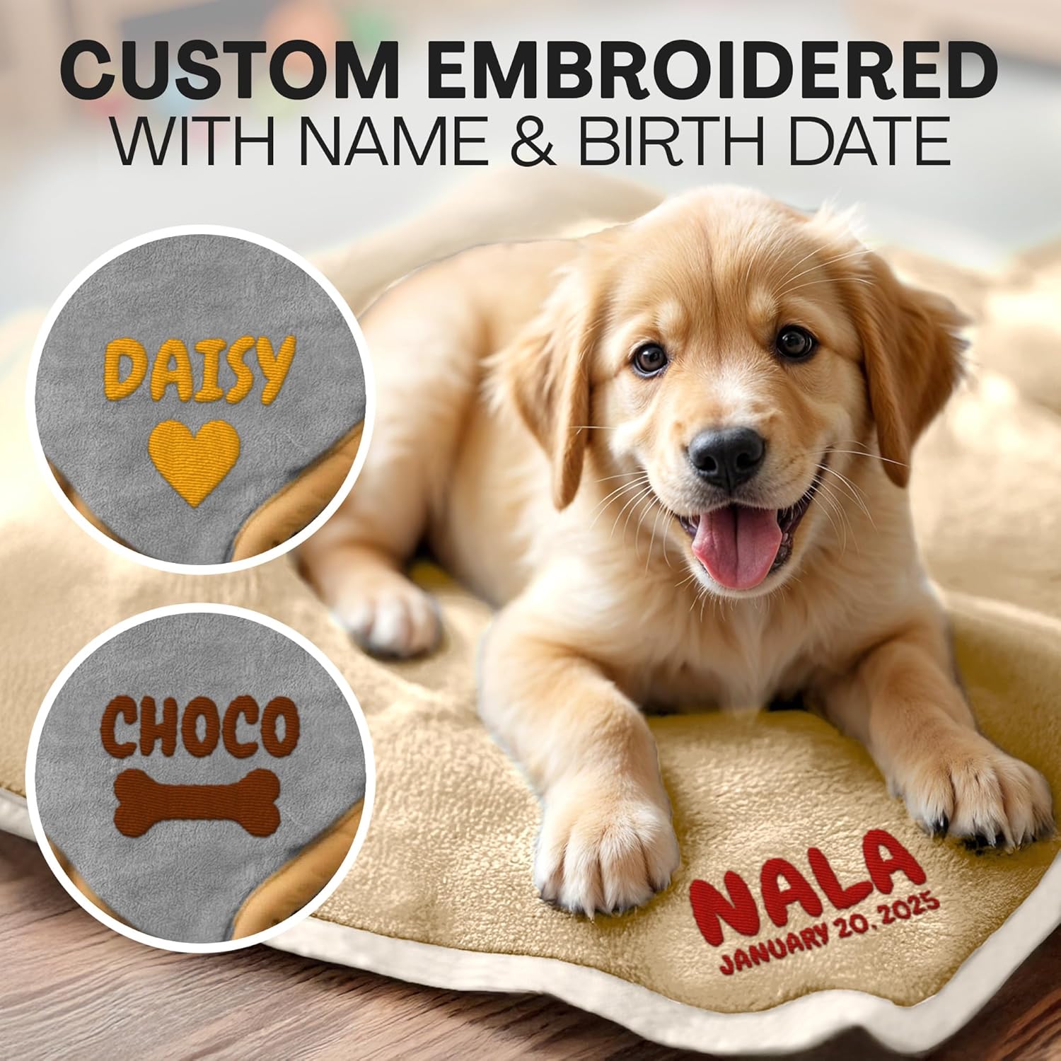 Personalized Puppy Blanket – Custom Embroidered Dog Blanket with Name & Birth Date – Soft New Puppy Gift – Keepsake for Dog Lovers, Pup Moms & New Pet Owners - Cream