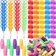 AmazingSpark 180 Pcs Back to School Supplies Kit for Kids Include Pencil Top Erasers, 5 Inch Student Scissors, Miniature Pencil Sharpeners for Student Classroom Office Art Charity Donation Supplies