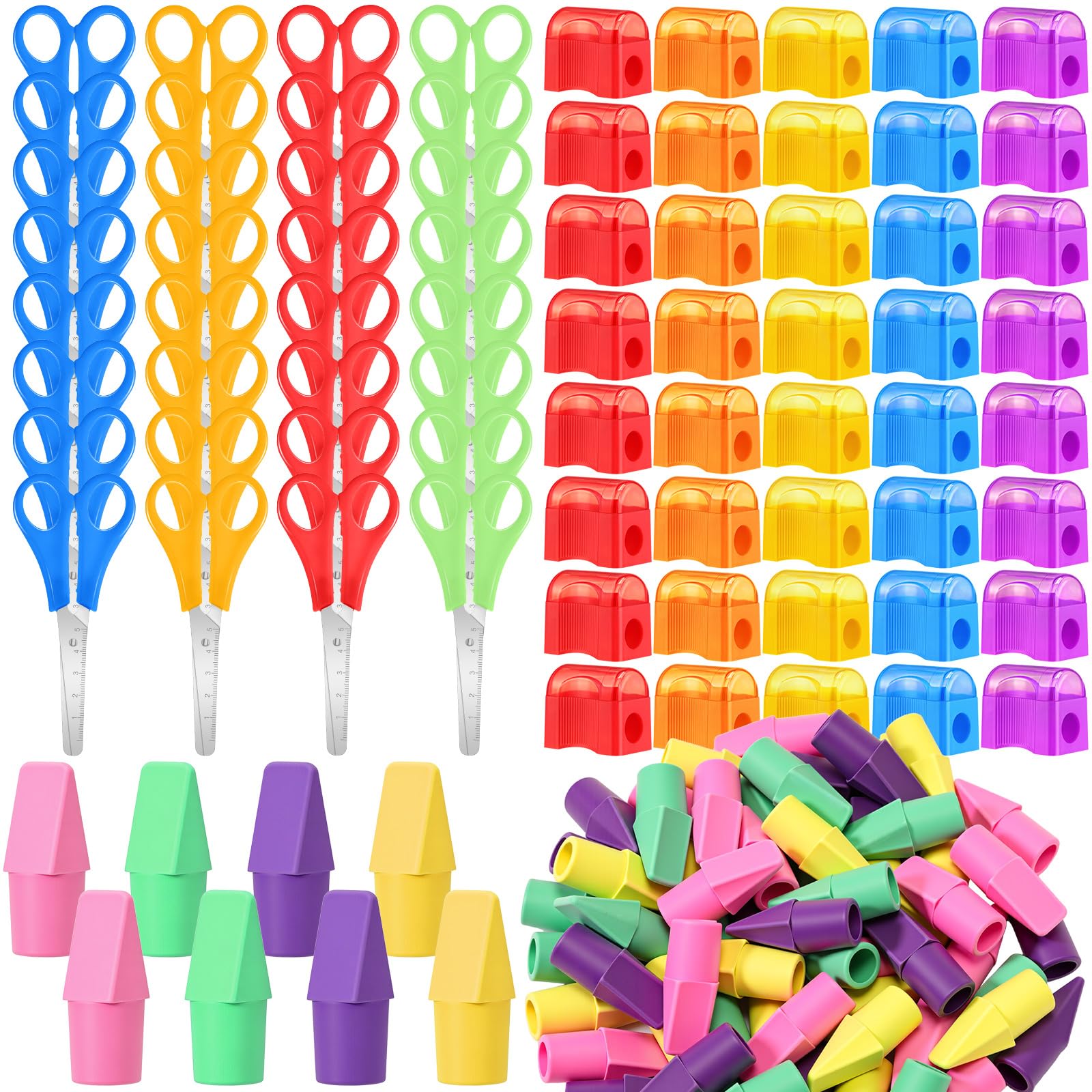 AmazingSpark Kit de 180 fournitures de rentrée scolaire pour enfants comprenant des gommes à crayon, des ciseaux d'étudiant de 12,7 cm, des taille-crayons miniatures pour étudiants, salle de classe