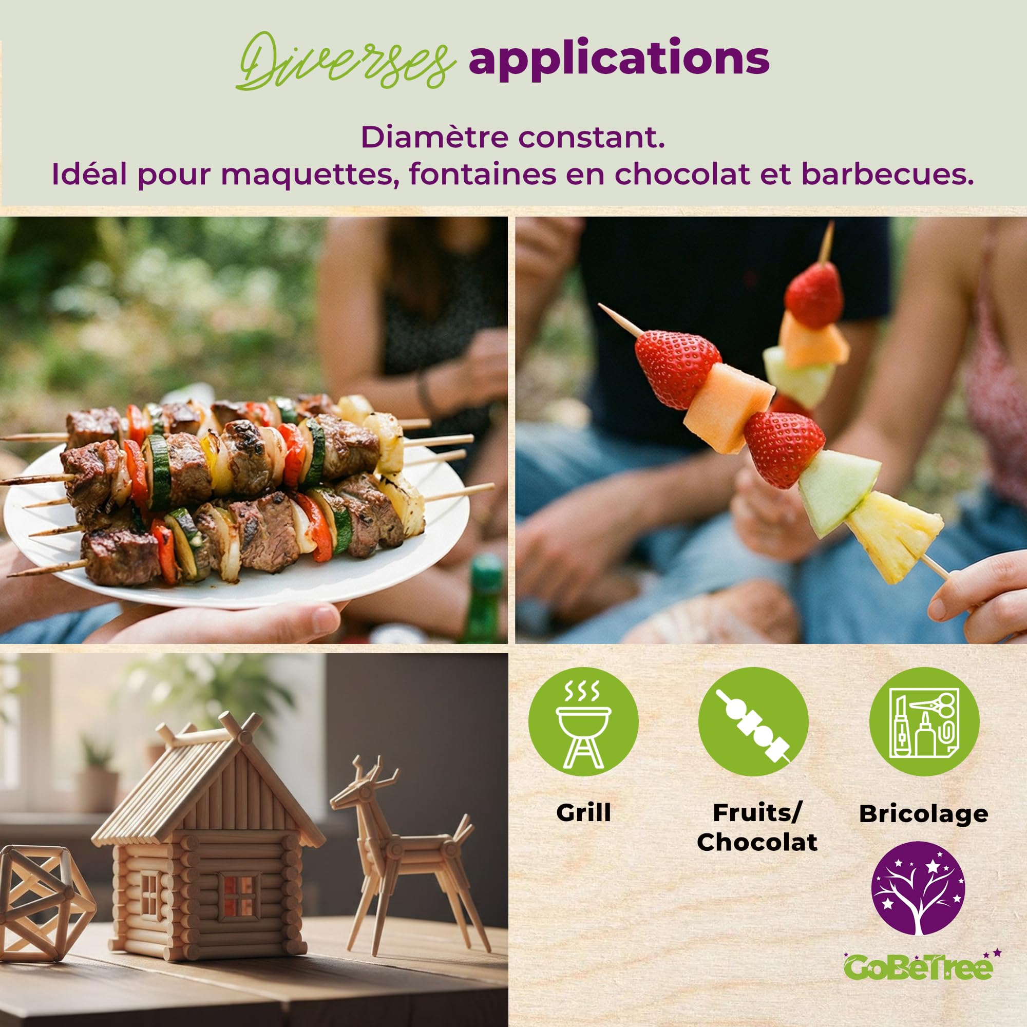 Piques à Brochette en Bois de Bouleau 15 cm x 2,5 mm Extra Résistants pour Barbecue