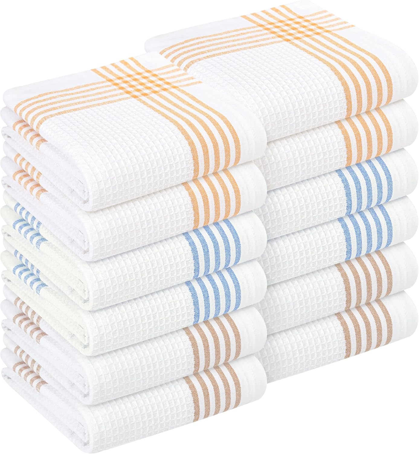 Multi White Waffle Kitchen Towels 12 Pack, 100% Cotton, 16x26 Inch, Ultra Absorbent, Fast Dry Dish Towels, Reusable Dishcloths for Drying, Cleaning, Mustard Yellow, Sky Blue, Brown