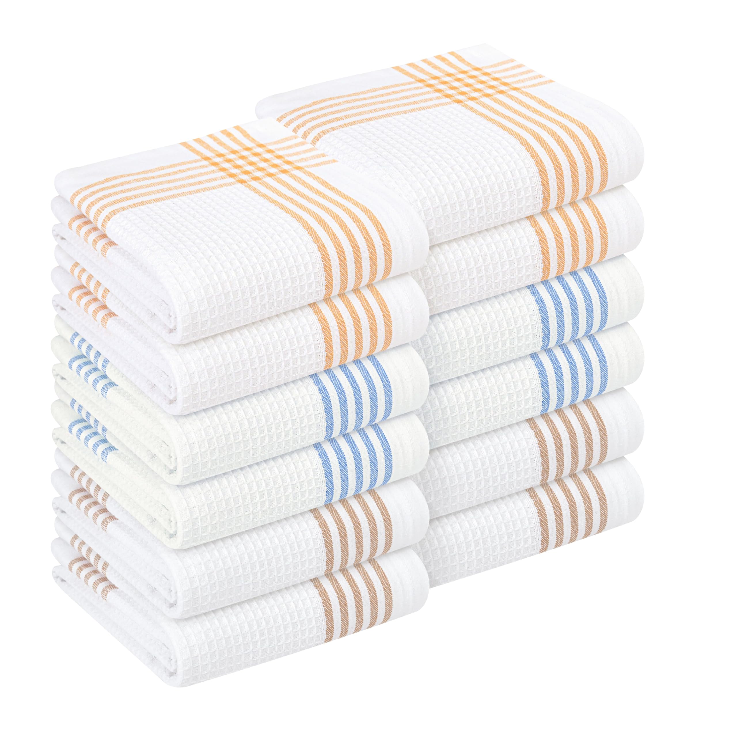 HEIRLOOM COMFORT Multi White Waffle Kitchen Towels 12 Pack, 100% Cotton, 40x66 cm, Ultra Absorbent, Fast Dry Dish Towels, Reusable Dishcloths for Drying, Cleaning, Mustard Yellow, Sky Blue, Brown