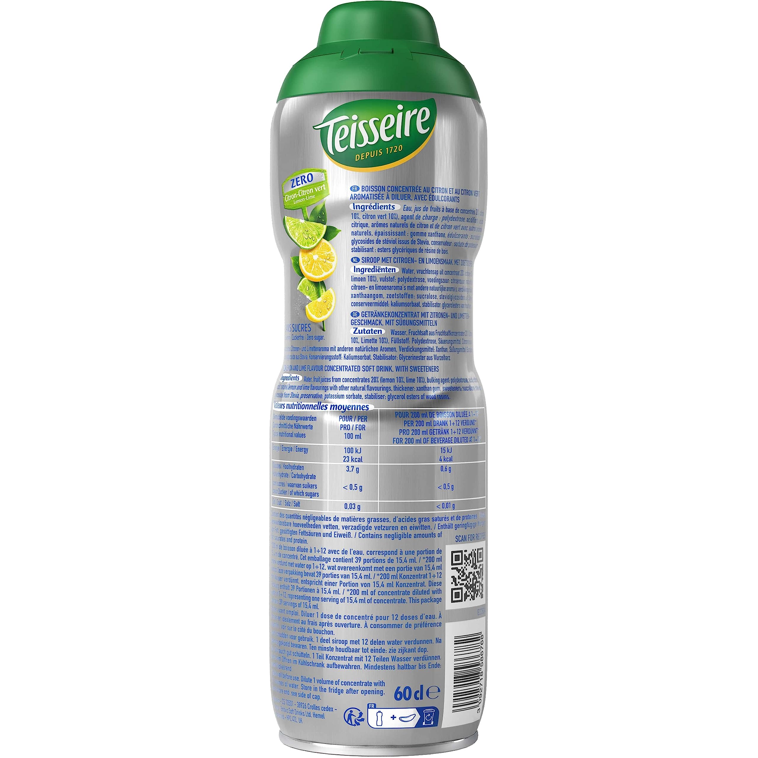 Teisseire Zitrone-Limette (Citron - Citron Vert) Zero - Zuckerfrei für Erfrischungsgetränke, 6x600 ml