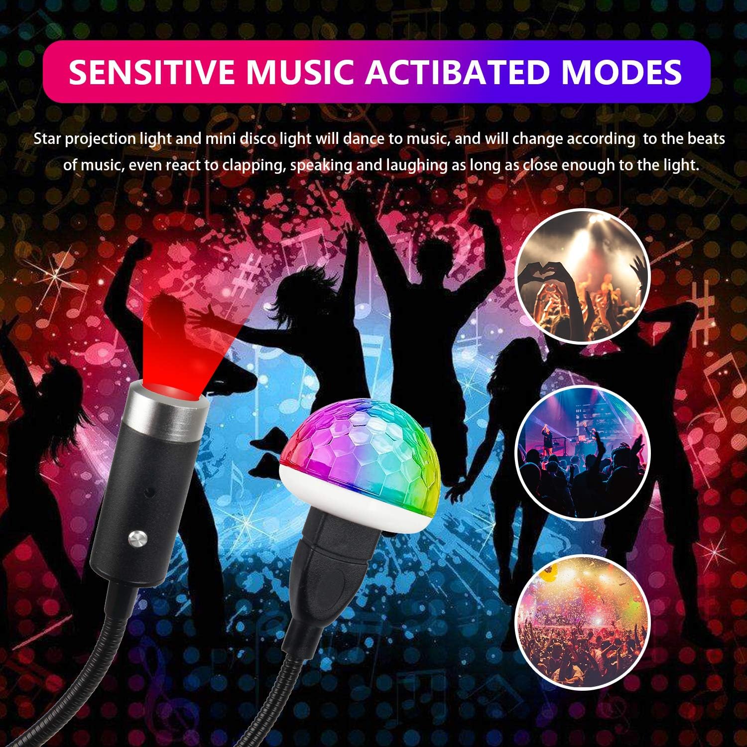 USB Star Night Light Projector and Mini Disco Ball Light, Adjustable Auto Roof Interior Car Ceiling Lights, Flexible Atmosphere Strobe Light Decorations for Bedroom Car Party Ceiling -Plug and Play