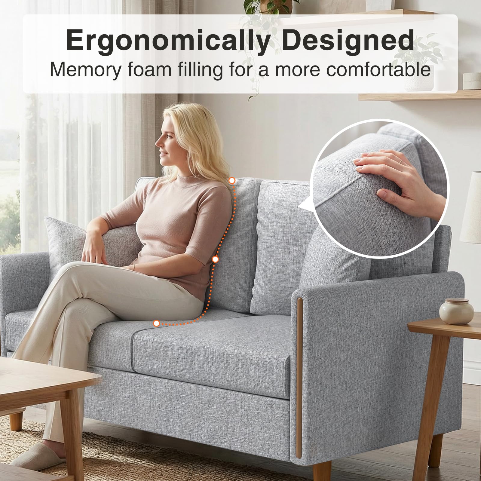 Sofa 2 Sitzer Kleine Couch mit Armlehne, 2 Zierkissen, 127 x 71 x 87 cm Zweisitzer Sofa Modern, Loveseat, Stoffsofa für Wohnzimmer, Schlafzimmer, Wohnung, Büro, Wohnung Einfache Montage