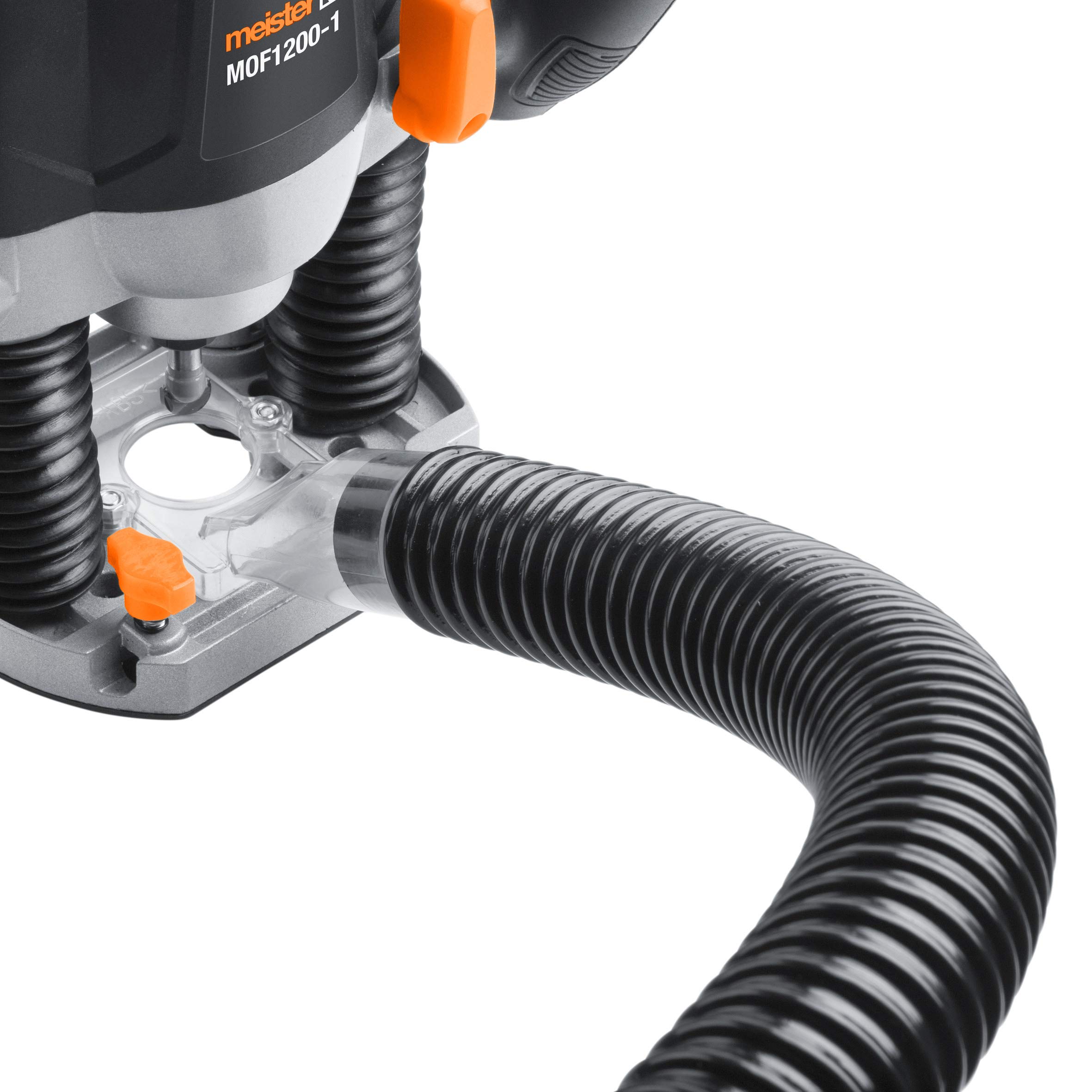 Meister Fresa superiore 1200 W, MOF1200-1 – Controllo della velocità – Blocco mandrino – Aspirazione polvere – Profondità di fresatura precisa regolabile – Con attacco parallelo, manicotto di copia e