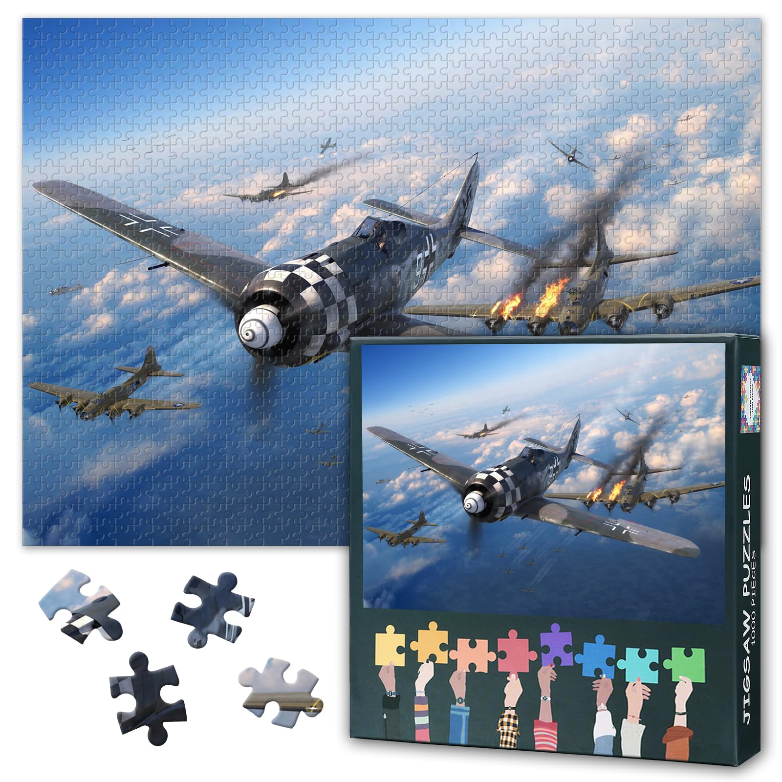 1000 Piece Jigsaw Puzzle for Adults FW 190 Aircraft Military Fighter Painting WWII German Warbird Wall Art Home Decor 27.5 x 19.7 Inches
