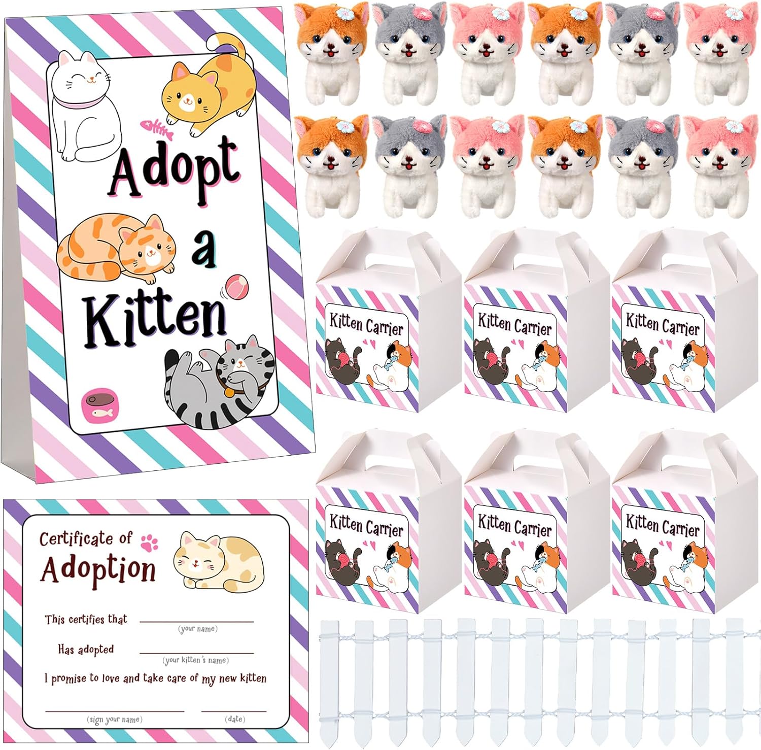 20 Set Adopt A Puppy Favors 20 Small Stuffed Dogs Bulk with Kraft Paper Boxes Adoption Cards 1 White Fence and 1 Paper Sign for Adopt A Pet Party(Cat)