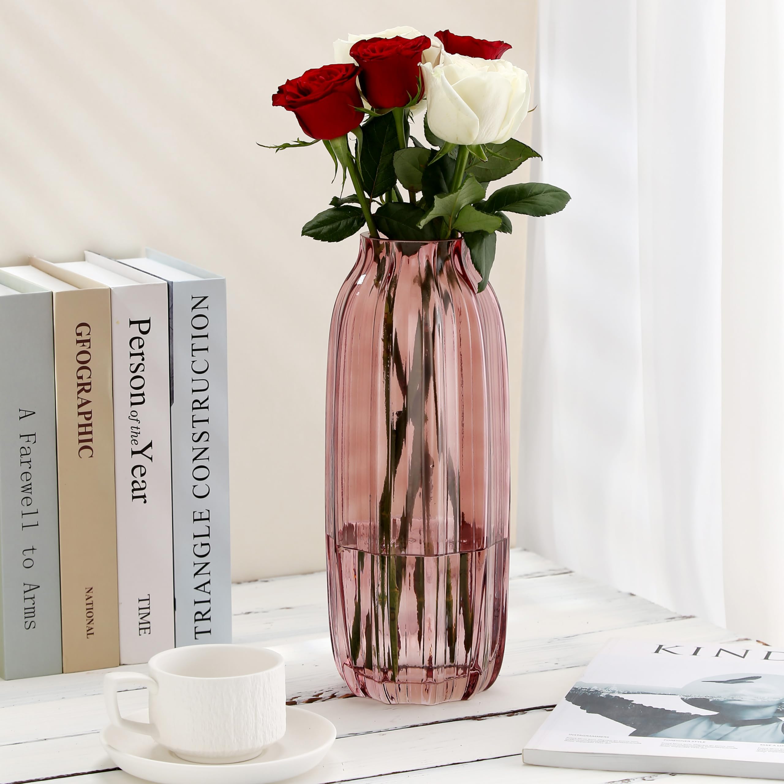 JAKY Global Large Pink Vase Glass Flower Vase H-32cm Tall Glass Vases for Flowers Elegant Home Living Room Decor,Table Centerpiece for Farmhouse and Office(Pink 32cm) - Image 3