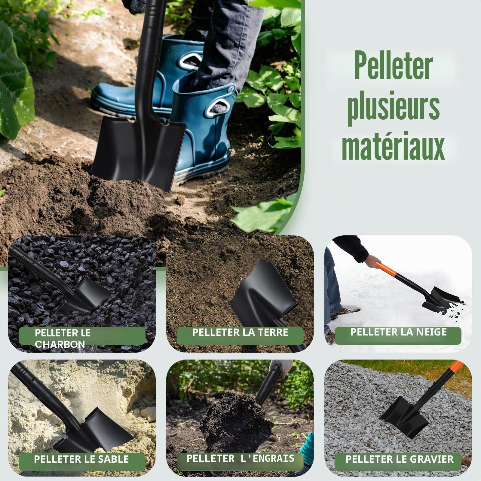 Petites Pelle Jardinage avec Manche en Acier Inoxydable de 110 cm, pelles en métal détachables très résistantes pour Le Jardinage, Le Camping et Le creusement de tranchées, Noires