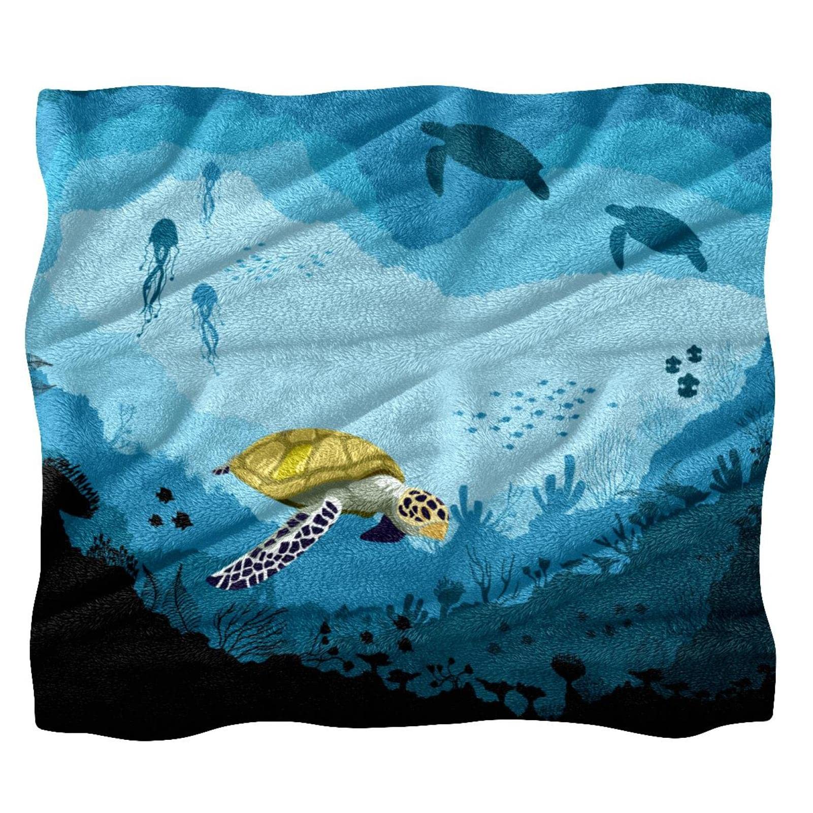 Couverture polaire bleue motif tortue plaid doux pour lit