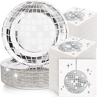 200 Pcs 70s Disco Party Supplies Includes Disco Ball Paper Plates and Disco Cocktail Napkins Silver Disco Paper Plates Disco Napkins for 80s 90s Disco Bachelorette Birthday Party Picnic (White)