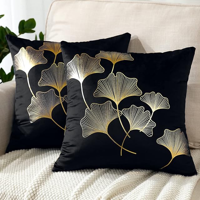 JOTOM Pack of 2 Cushion Covers 45x45cm Cozy Velvet Decor Throw Pillow Covers Gold Ginkgo Leaves Bronzing Decorative Pillow Cases Cushion Cover for Couch Bedroom Living Room Sofa Car Home Decor (Black)