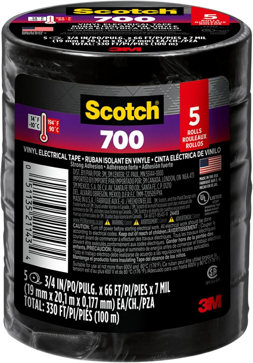 Vinyl 700 Electrical Tape, 5 Rolls, Black, 3/4-in x 66-ft, Commercial Grade, Rated for Temperatures Up to 194-Degree, Highly Flexible, Stretchy and Conformable (24413-BA-6)