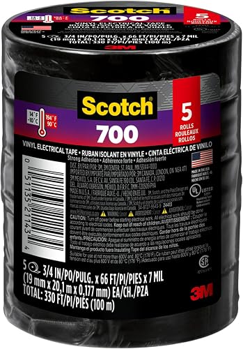 Vinyl 700 Electrical Tape, 5 Rolls, Black, 3/4-in x 66-ft, Commercial Grade, Rated for Temperatures Up to 194-Degree, Highly Flexible, Stretchy and Conformable (24413-BA-6)