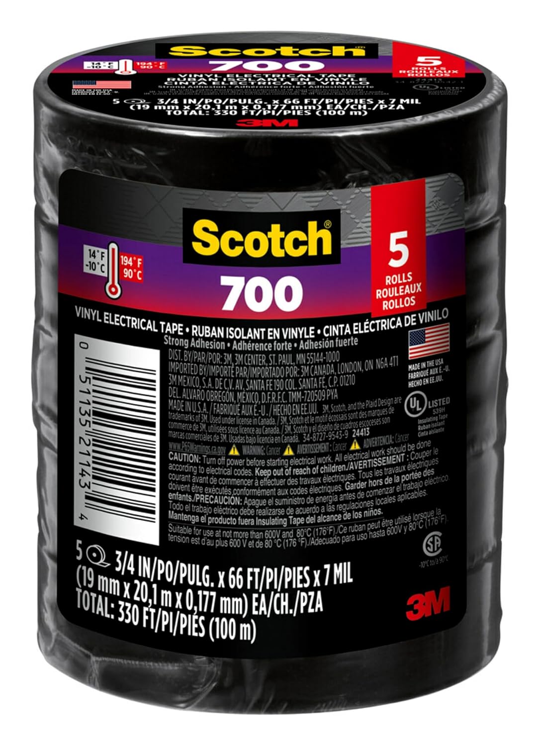 Scotch Vinyl 700 Electrical Tape, 5 Rolls, Black, 3/4-in x 66-ft, Commercial Grade, Rated for Temperatures Up to 194-Degree, Highly Flexible, Stretchy and Conformable (24413-BA-6)