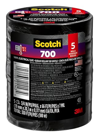 Scotch Vinyl 700 Electrical Tape, 5 Rolls, Black, 3/4-in x 66-ft, Commercial Grade, Rated for Temperatures Up to 194-Degree, Highly Flexible, Stretchy and Conformable 24413-BA-6