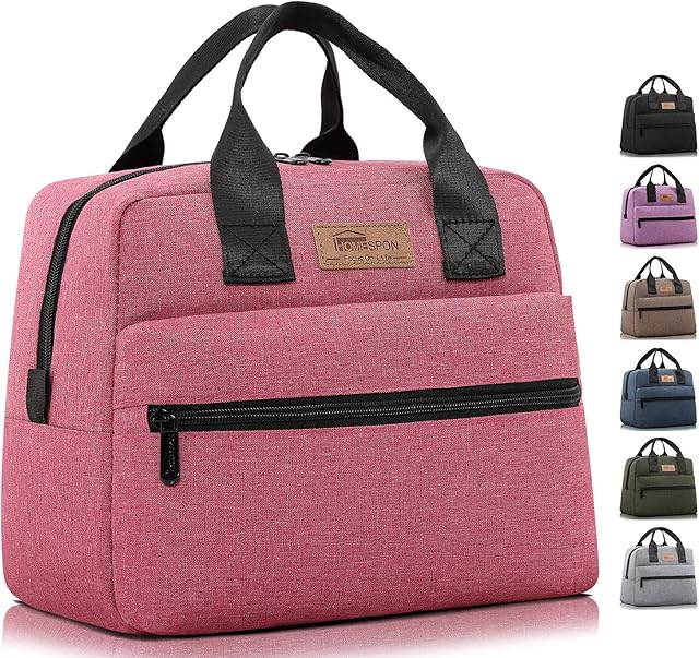 HOMESPON Lunch Bag Insulated Large Capacity Cool Bag with Frosted Waterproof Fabric Handbag Portable for Women Men and Students at School Office Picnic (Pink)