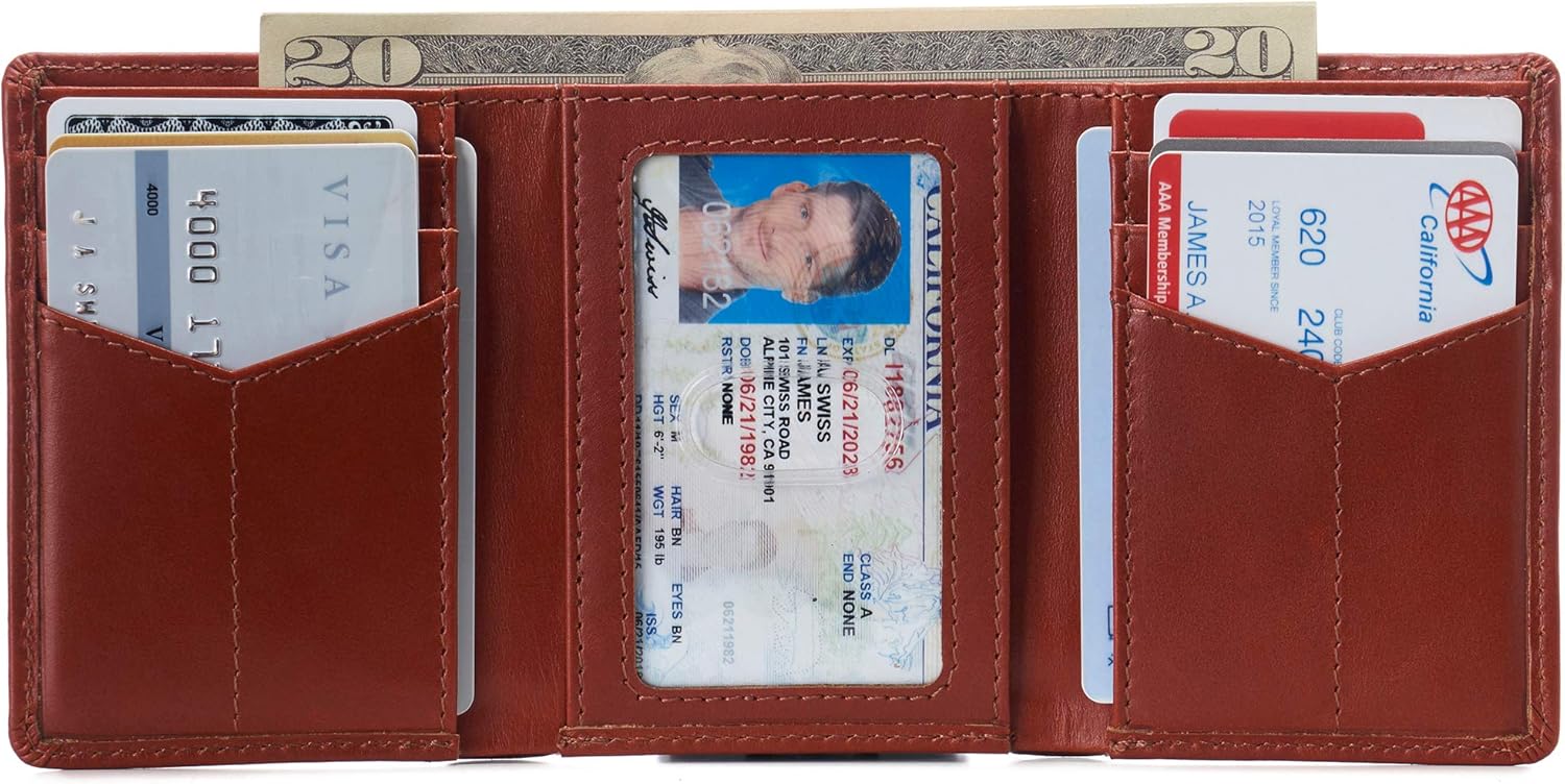 Alpine Swiss Men's Leon RFID Trifold Pocket Wallet – Genuine Leather Wallet for Men, Slim Design with ID Window & Multiple Card Slots, Classic RFID Safe Pocket Wallet in gift box - Image 2