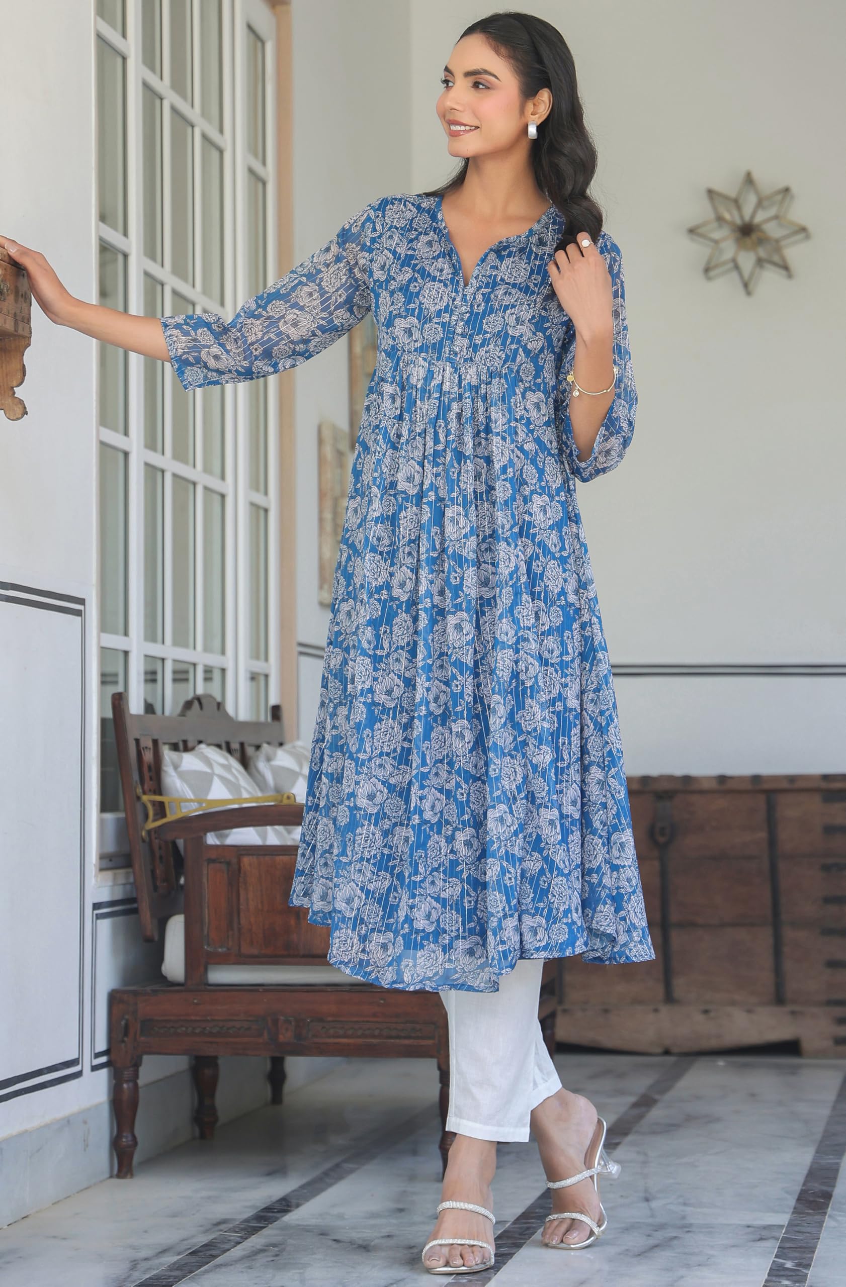 Janasya Women's Chiffon Lurex Floral Printed A-line Kurta product image 5
