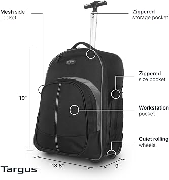 Targus 16 Inch Compact Rolling Backpack, Black - Wheeled Travel Bag Fits Laptops Up to 16