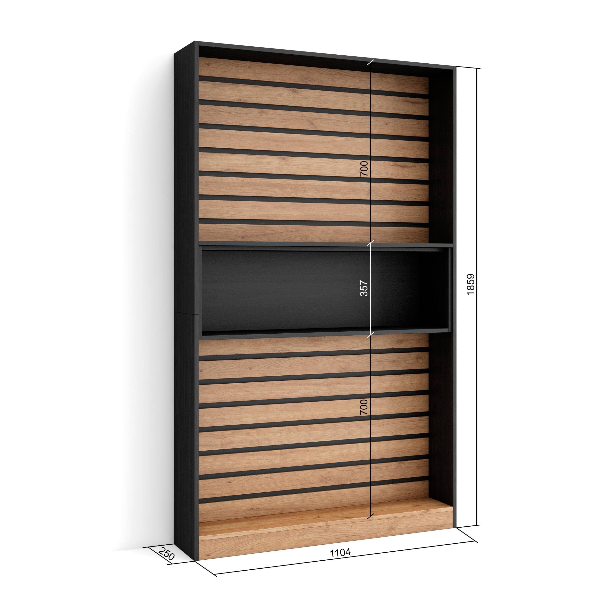 Skraut Home | Librería estantería | Estanteria Libros de Pared | 110x186x25cm | Salón - Comedor - Oficina | con Almacenaje | Estilo Moderno | Roble y Negro