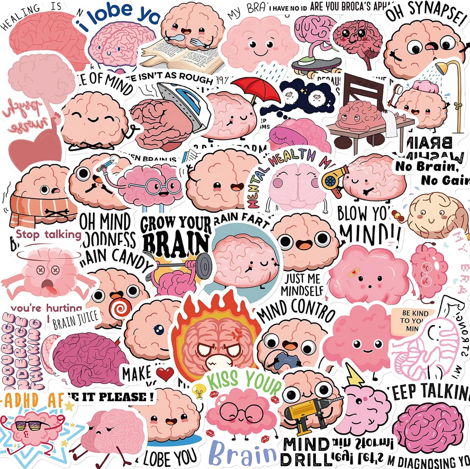 50Pcs Funny Brain Stickers for Adults, Cute Cartoon Brain Stickers Bulk,Vinyl Waterproof Mental Sticker for Water Bottle,Laptop,Phone,Scrapbook,Body Organ Biology Decals (Colourful-C4)