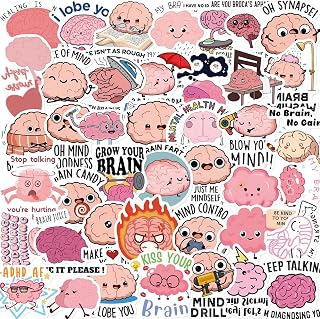 50Pcs Funny Brain Stickers for Adults, Cute Cartoon Brain Stickers Bulk,Vinyl Waterproof Mental Sticker for Water Bottle,Laptop,Phone,Scrapbook,Body Organ Biology Decals (Colourful-C4)