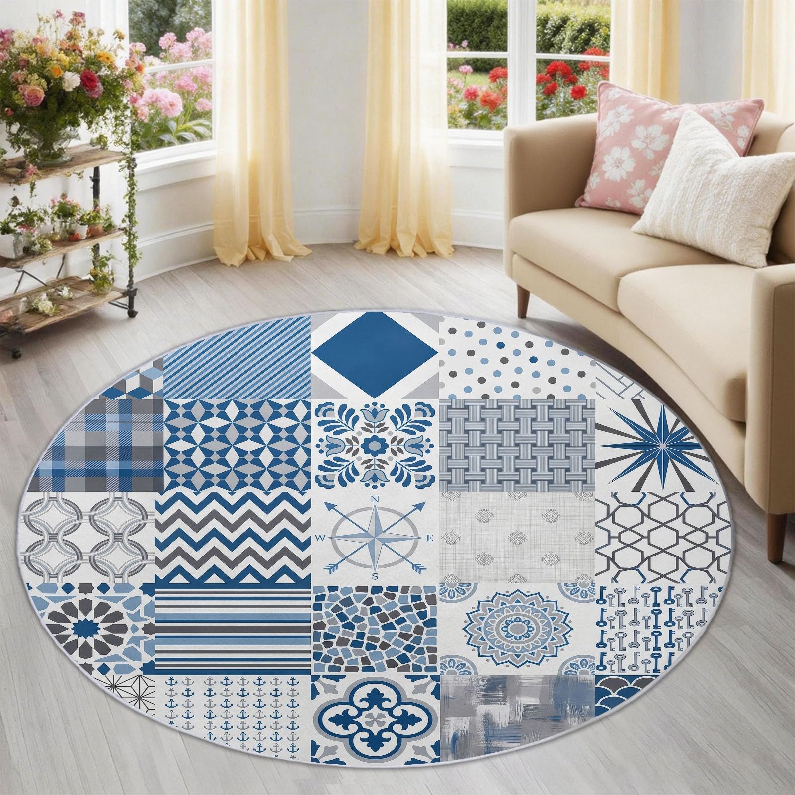 Tapis rond flanelle 150 cm antidérapant bleu géométrique salon