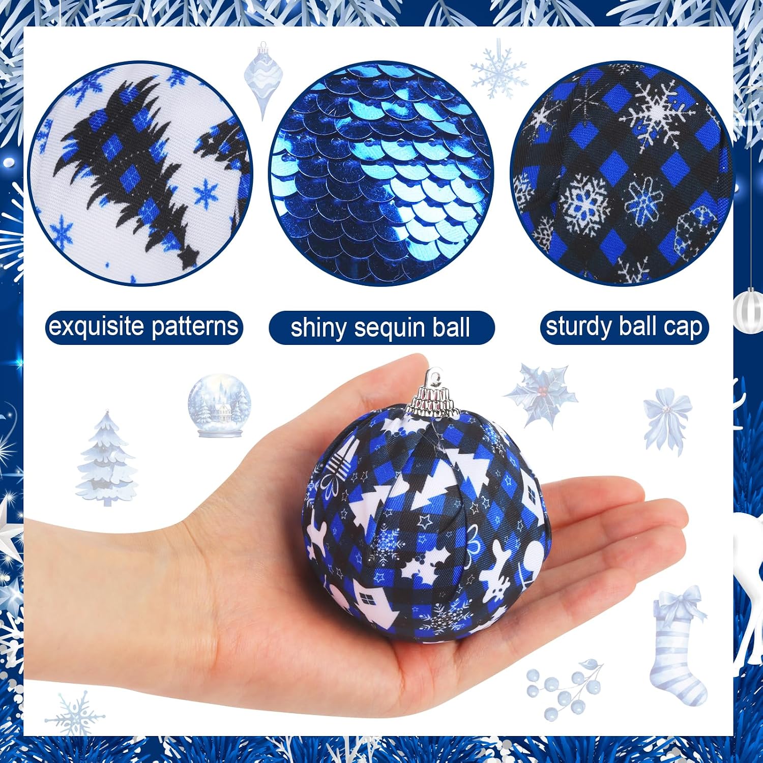12Pcs Christmas Checkered Ball Ornaments Blue, Snowflake Xmas Tree Ornaments Hanging Pedants Glitter Sequins Decorations, Winter Holiday Snow Party Home Office Decor Supplies
