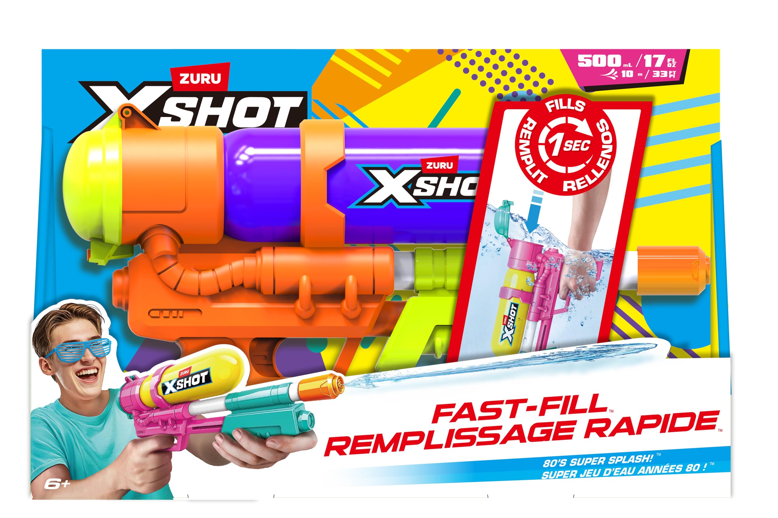 XSHOT Water Fast-Fill 80s Super Splash Water Blaster (Yellow) by ZURU, Vintage-Style with Fast-Fill Tech