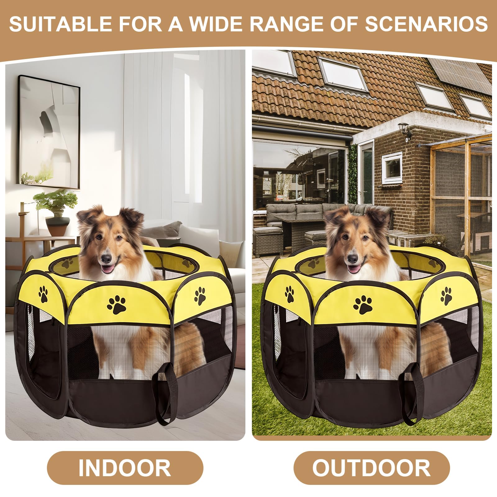 Recinto per Cani da Interno, Portatile Box Cani per Interno ed Esterni, Box Pieghevole per Cane e Gatti, Kennel Cane Piccolo, Gabbia per Gatto, Cucciolo Conigli, 74 x 74 x 43 cm (Giallo)