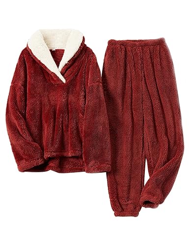 SPSHODOW Fleece Pyjamas for Women Winter Fluffy pjs Loose Loungewear Plush Comfy Loose Sleepwear - M - Red1