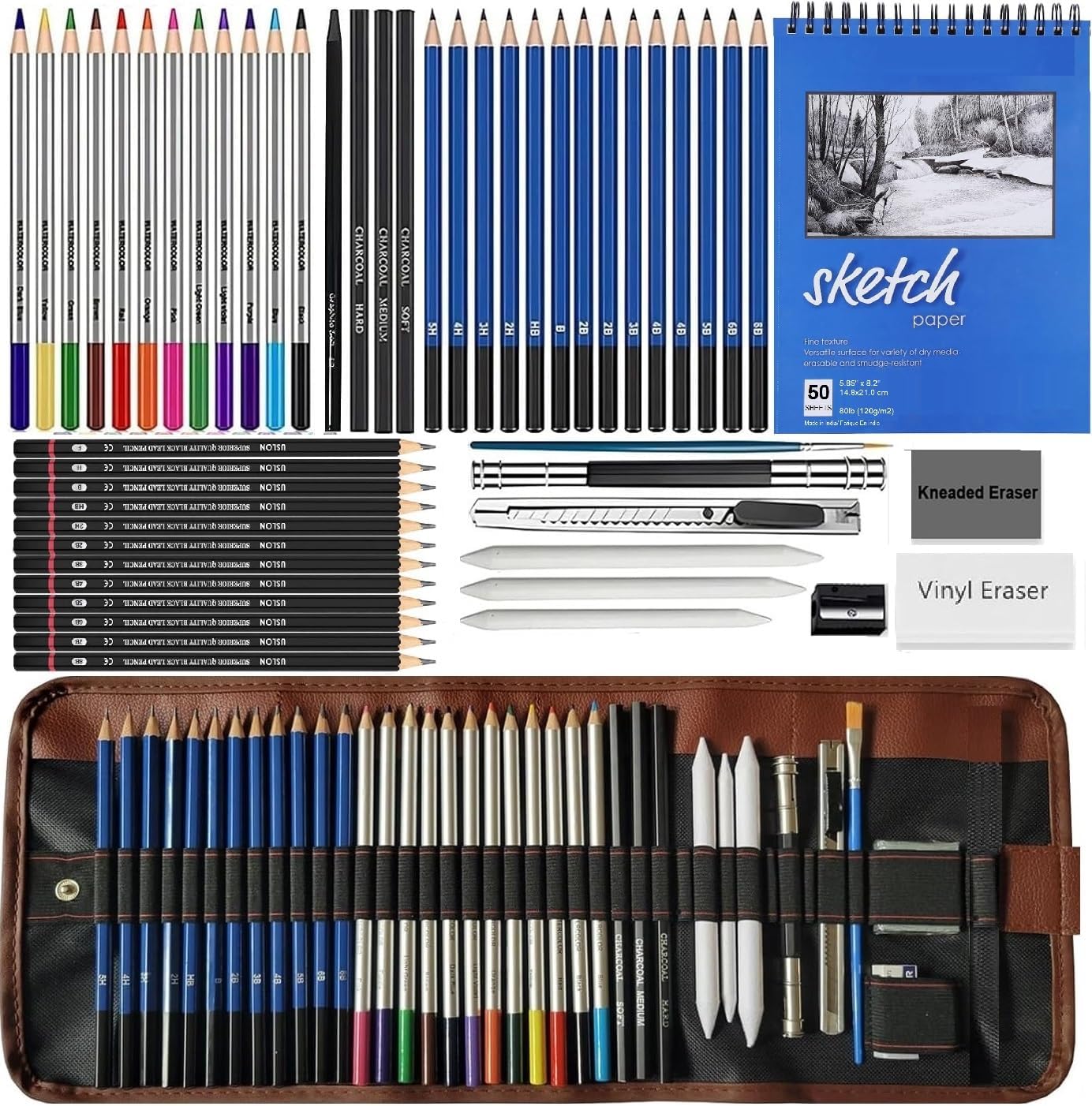 52 Pieces Drawing Pencils Set with 50 Sheets A5 Sketchbook, Shading Book, Drawing Kit, Sketch Set, Charcoal Colouring Pencils Set for Artists, Watercolour Pencils Set