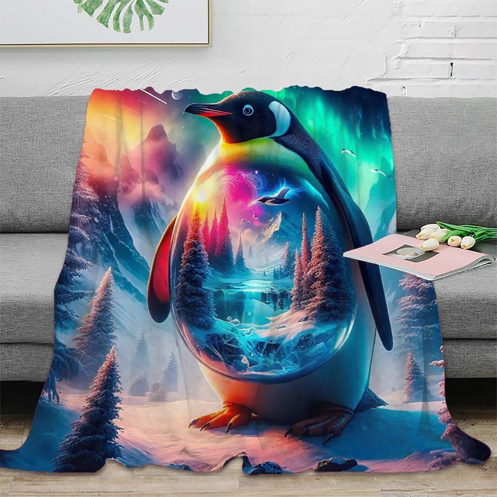 Couverture pingouin microfibre chaude pour stopper le froid sur le canapé