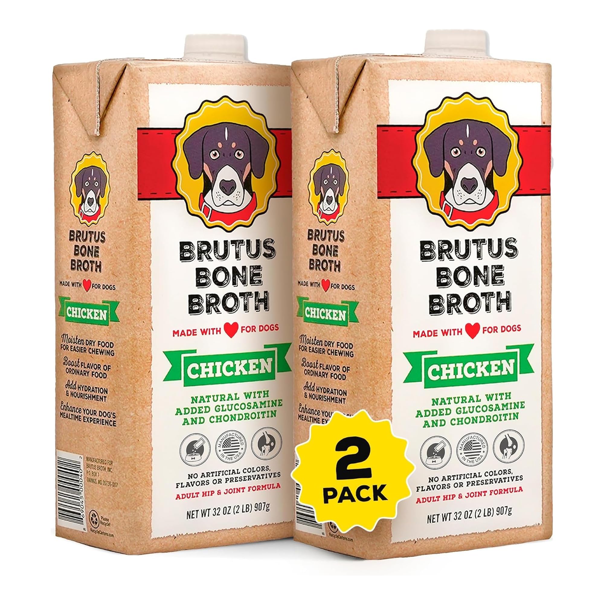 Brutus Chicken Broth for Dogs - All Natural Chicken Bone Broth Liquid with Chondroitin Glucosamine Turmeric -Human Grade Food Toppers for Picky Eaters &amp; Dry Food -Tasty &amp; Nutritious- Pack of 2